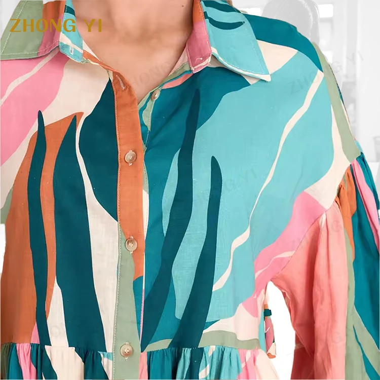 2025 Oversized Clothing Blue Multi Print Mini Dress Long Loose Sleeves Floral Casual Plus Size Women'S Dresses Lady Elegant