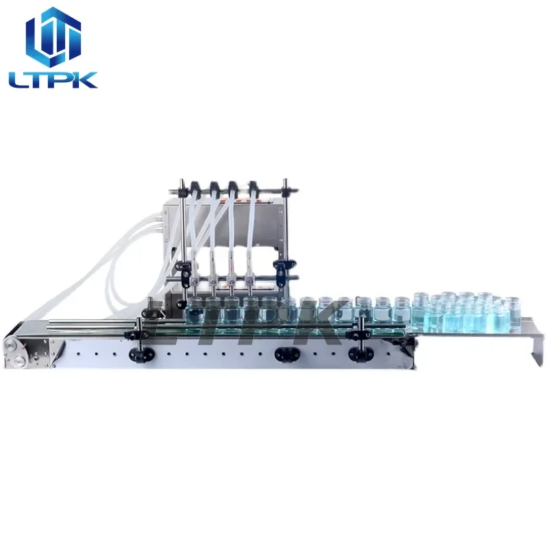 Semi Automatic 4 Heads Liquid Beverage Drink Juice Oil Soy Sauce Coffee Milk Water Bottle Filler Filling Machine With Conveyor