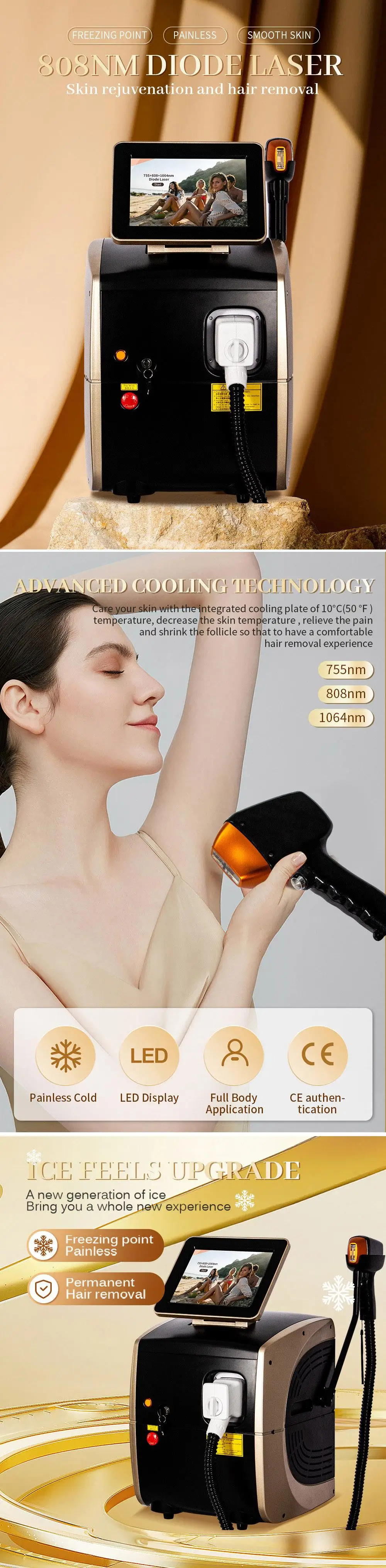 3 Wavelength 808nm Diode Laser Hair Removal Machine Ice Platinum Cooling