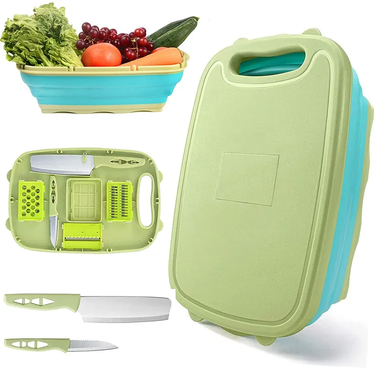 9 in 1 Multi Chopping Board Kitchen Vegetable Washing Basket Collapsible Chopping Board with Colander for Camping