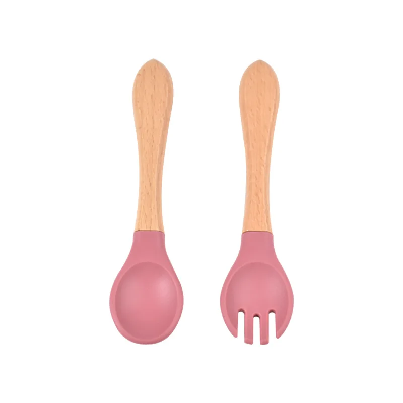 Food grade silica gel baby wooden handle fork spoon