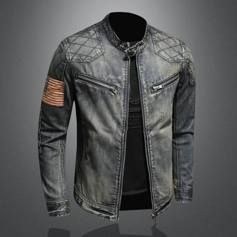 Trendy Spring Autumn Denim Tops Men's Personality Stand Collar Zipper Men Jean Jacket_voghion.com
