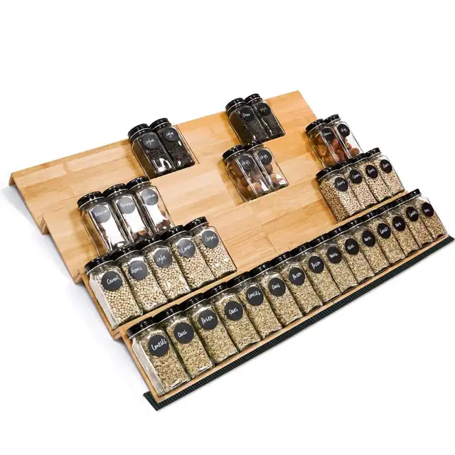 Bamboo Spice Rack Tray  Jars Spice Drawer Organizer for Kitchen Cabinets Storage and Organization