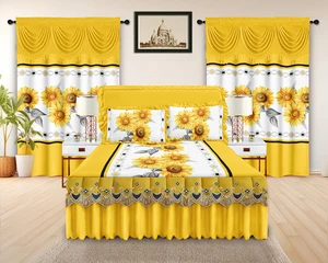 5 Piece Quilted Bed Skirt Sheet Set with Valances Luxury Embroidery Lace Ruffles Bedding Set with Matching Curtains
