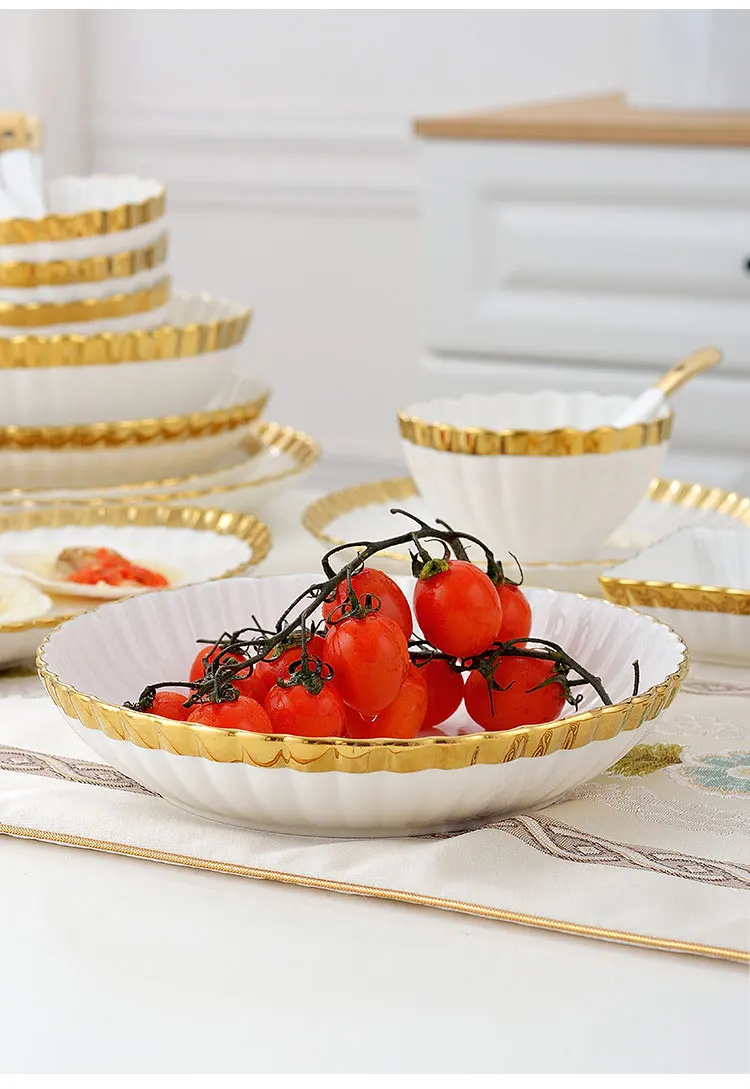 Highend Kitchen Tableware Ceramic Bowl Plates Sets Nordic White Gold