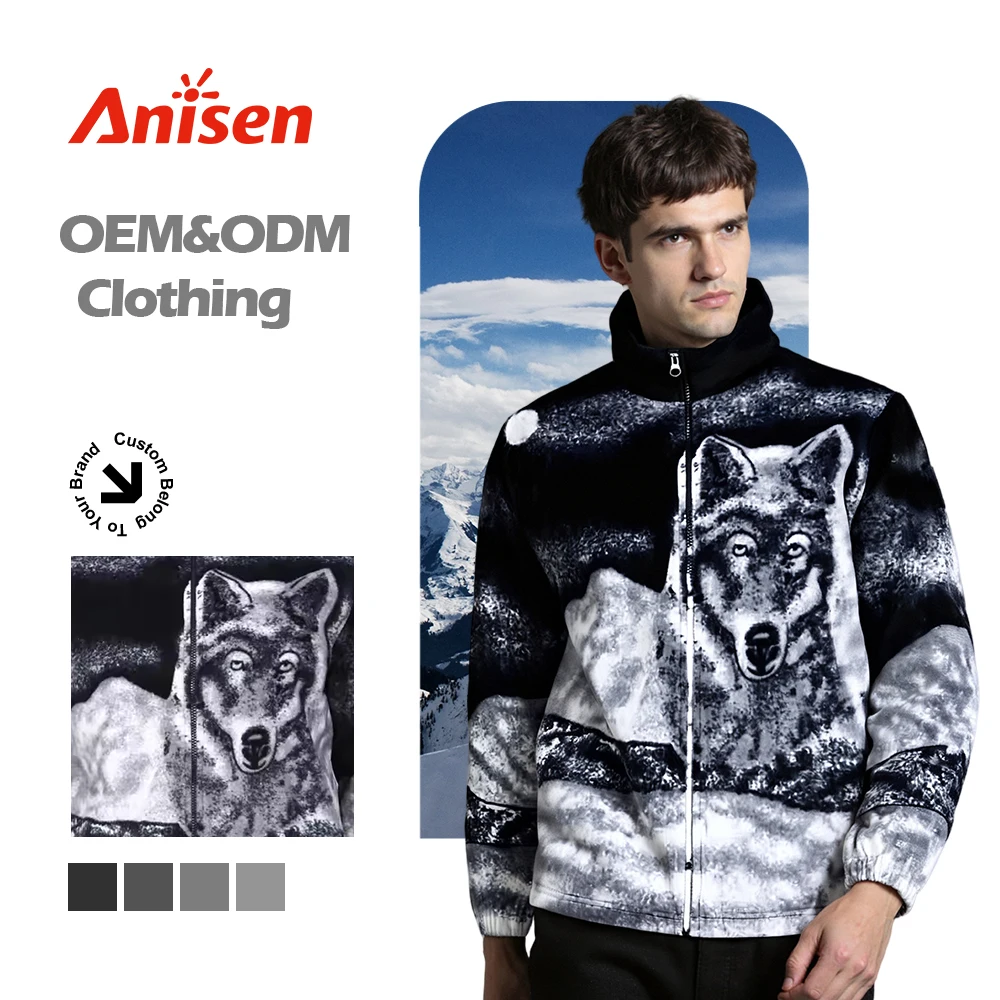Men's Sherpa Fleece Jacket with Grey Wolf Print - Stylish Winter