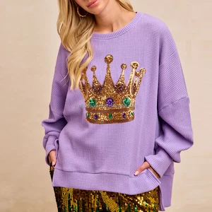 Mardi Gras Top Crown Sequin Embroidery Patch Purple Waffle Knit Long Sleeve Loose Pullover Sweatshirt Women