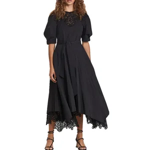 Dresses Women Casual Dress Short Sleeve Black Lace Trim Cotton Pleated Asymmetrical Midi Dress With Belt