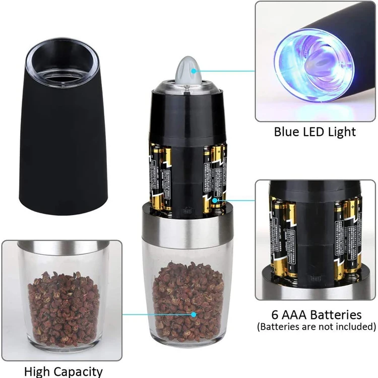 Electric Pepper Grinder & Salt Mill - Battery Powered, Adjustable Ceramic Grinder With LED Light (Black)