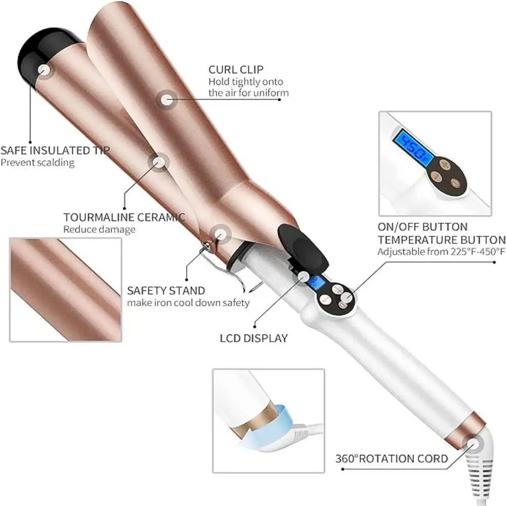 Customized 450F Fast Heat Large Barrel Ceramic LCD Hair Curler Negative Ion Rotating Waver Curling Iron Wand