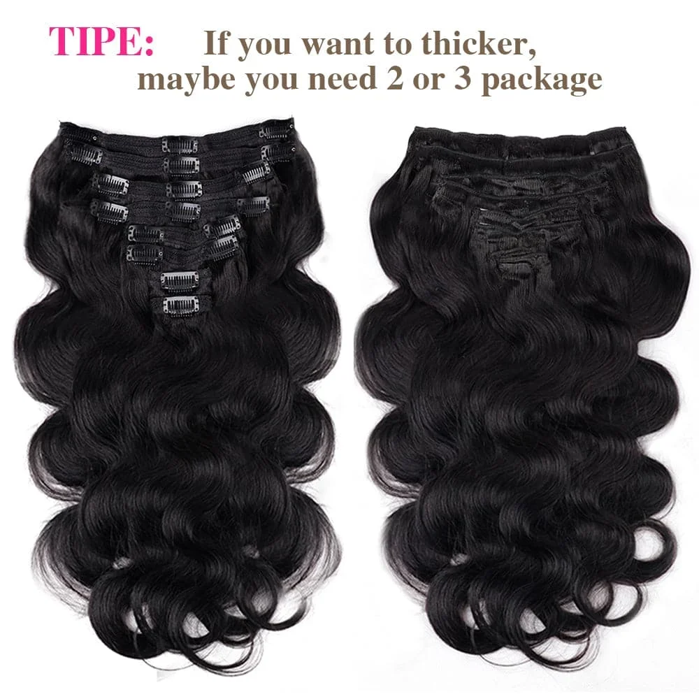 Brazilian Body Wave Clip-Ins Human Hair Extensions 8 Pcs Set Natural Color Remy 1B_voghion.com
