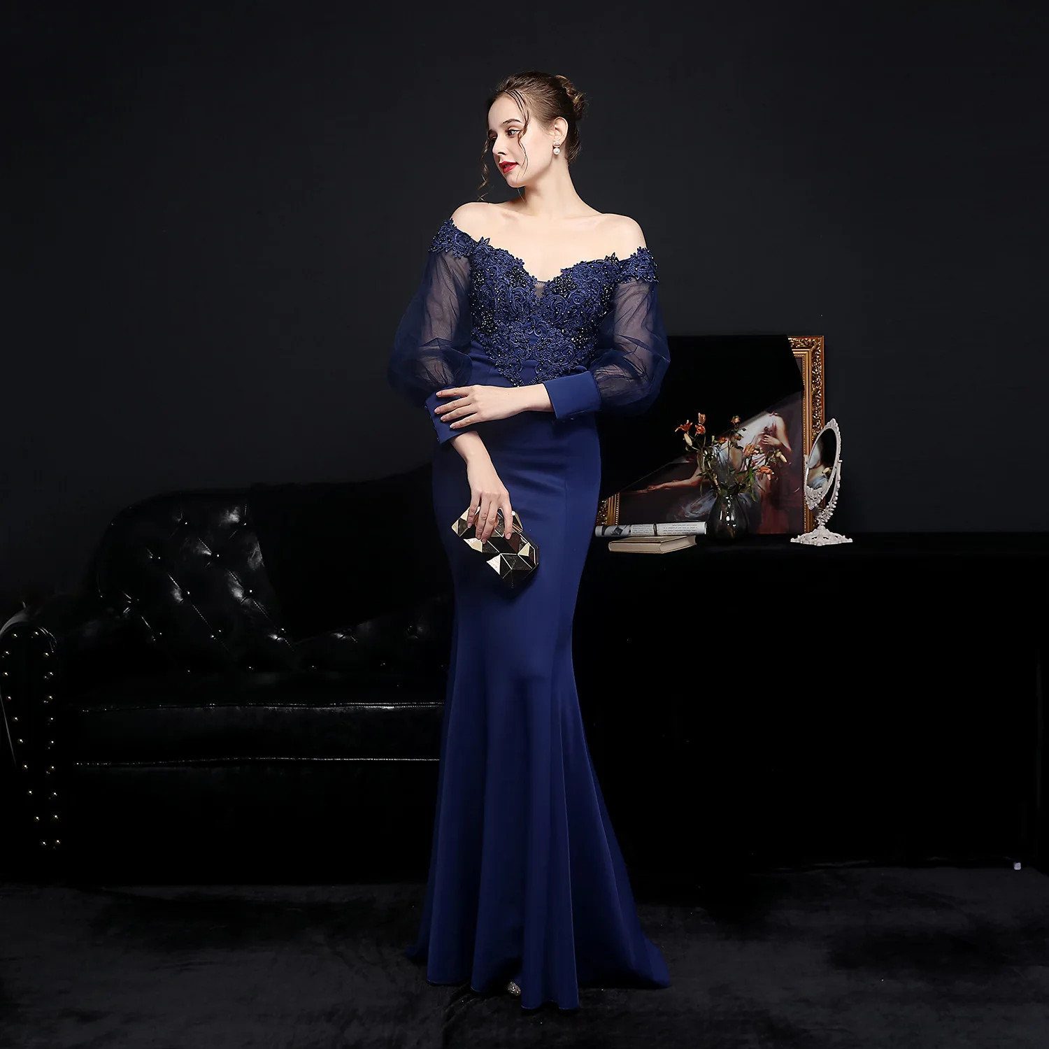 chinese dress ladies Renée Elise Goldsberry 2024 Tony Awards Navy Lace Off Shoulder Dress main image 0