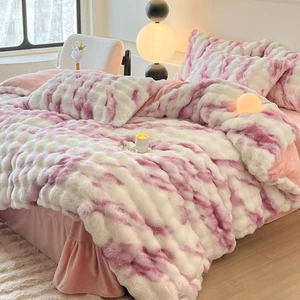 Hot-selling Colorful Bubble Rabbit Plush Milk Velvet Four-Piece Bedding Set Thickened Warm Coral Fleece Quilt Cover Bed Sheet