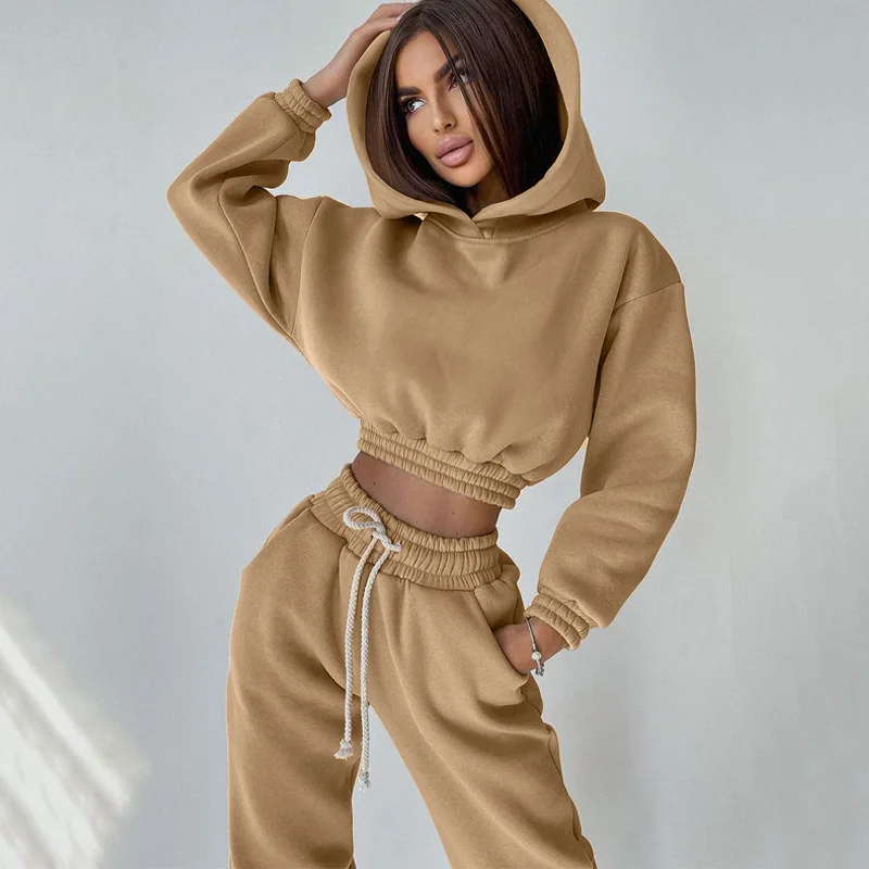 2023 Fall Clothes Long Sleeve short style Hoodie With Jogger Woman Fleece Thick Cotton Sweatsuit Set For Woman