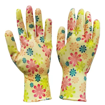 GD3002 13G Fashion Flower printing custom Nylon liner transparent Nitrile palm coated women Garden work hand gloves