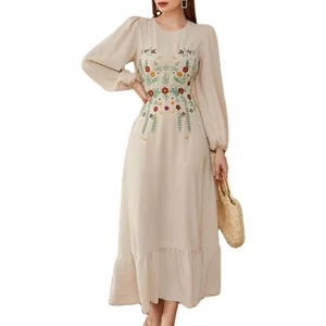 Custom High Quality Spring Summer Ladies Floral Print  Maxi O-Neck Waist Cuff Lace up Long Sleeve Elegant Vintage Women's Dress