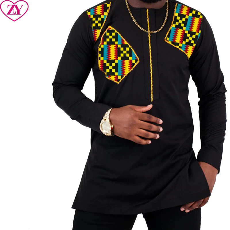 Latest Fashion African Kitenge Designs Wax Print High Quality Cotton Mens  Clothing Long Sleeve Men Shirt in Black