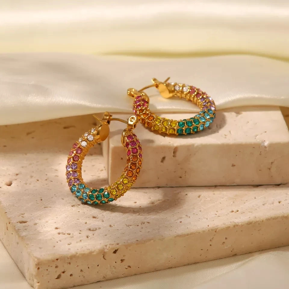 Wholesale 18k Gold Plated Trendy Statement Large Bling Colorful CZ Diamond Huggie Hoop Earrings Stainless Steel Gift for Girls