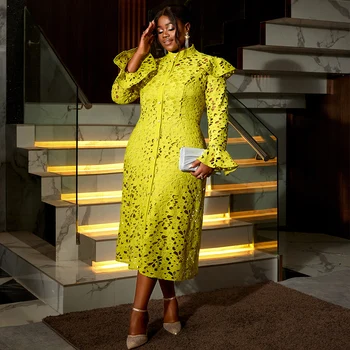AM040851SET AOMEI Stand Collar Cutout Lace Straight Dress Full Trumpet Sleeve Mother's Day Elegant Green Women Two Pieces Sets