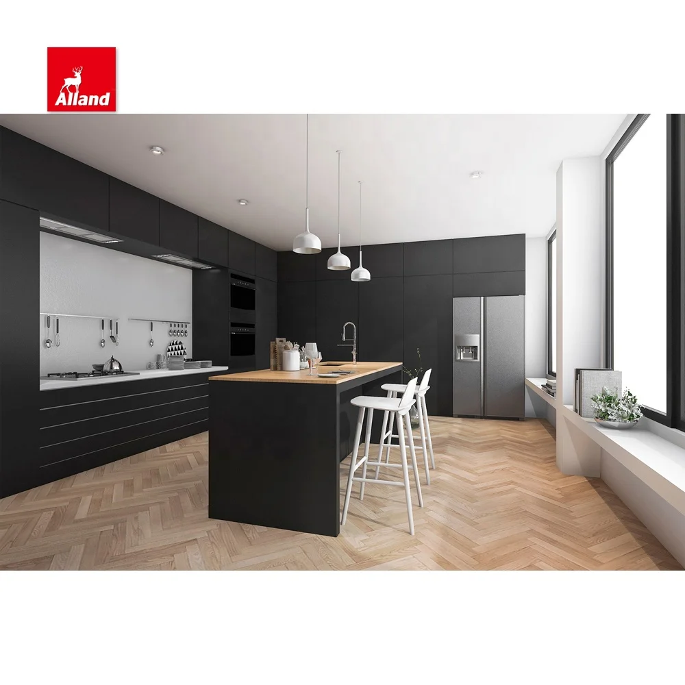 Modern Design Matte Lacquer MDF Flat Panel Two Tone Kitchen Cabinets with Island Made in China