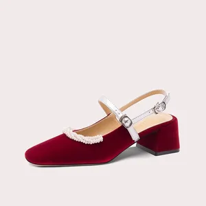 Lily Wei Slingback Women's Shoes Velvet Block Heel Pearl Square Toe for Daily Wear Women's Single Shoes