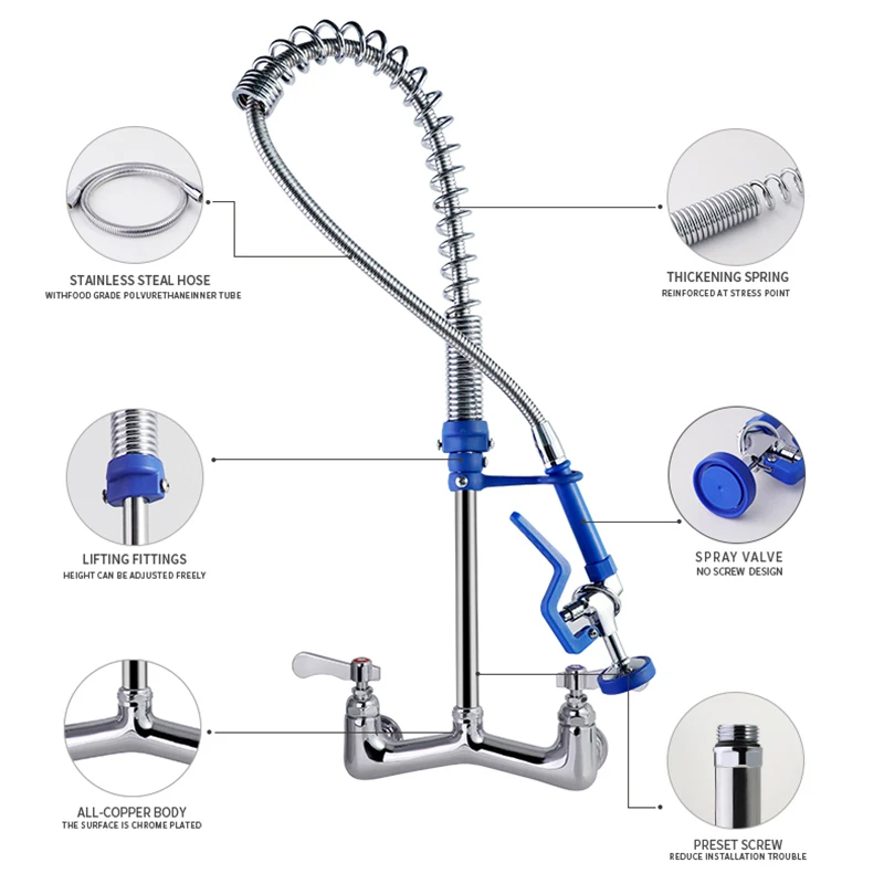 Luxury Pre Rinse Hot Cold Basin Water Kichen Stainless Steel Wall Mount Commercial Industrial Kitchen Faucet factory