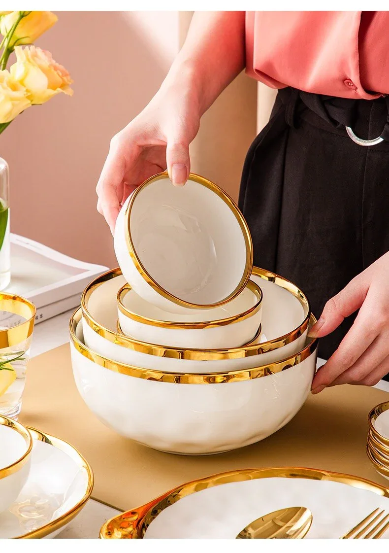 Nordic Style Luxury High Quality Ceramic Tableware Dishes and Plates Bowls Gold Rim Porcelain Dinner Set Ceramic Dinnerware Set details