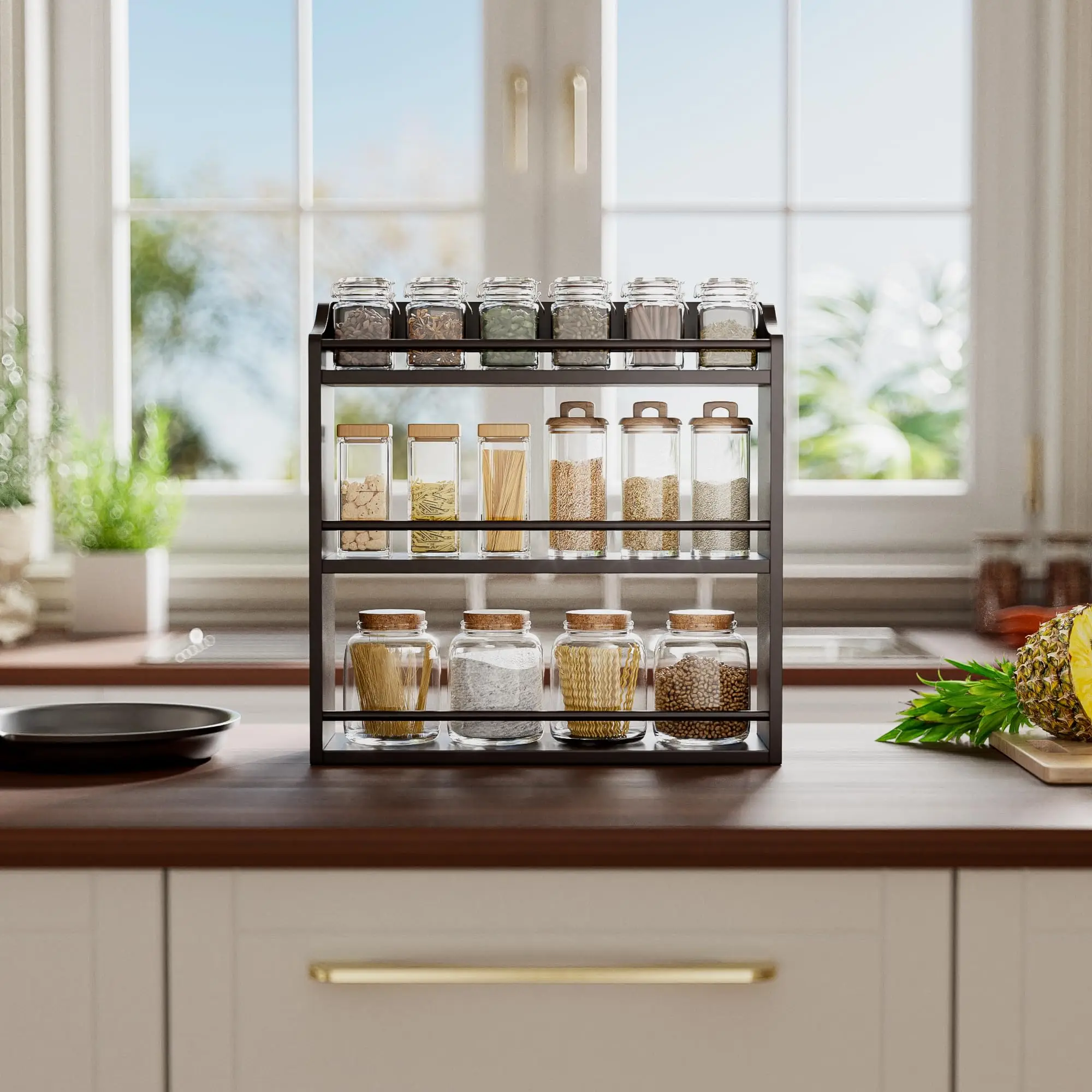 Wall-Mounted Bamboo Spice Rack for Countertop Seasoning Jars Organizer Shelf Kitchen Storage Holder