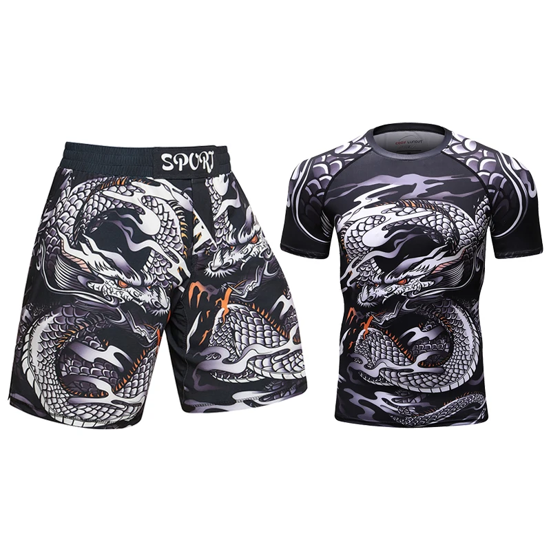 Summer Pockets Jitsu Squad 2セット Two Piece Pants Set Men Bjj Rashguard Mma Shorts Rash Guard