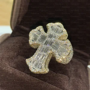 Hip-hop style 14K/18K gold cross ring for men, featuring a 1.94ct emerald-cut lab-grown diamond, perfect for parties.