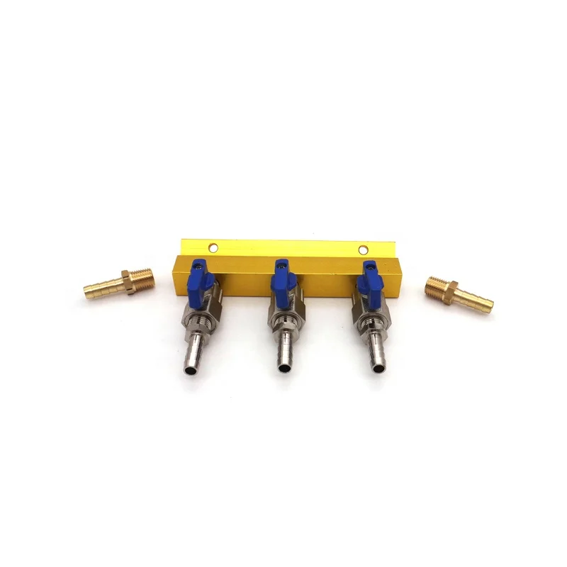 brass yellow 1/4 NPT gas manifold with brass ball valve