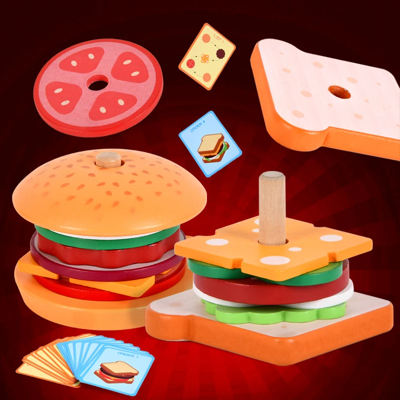 Children Playing Tasty Sandwich Stacking Game Wooden Simulation Food