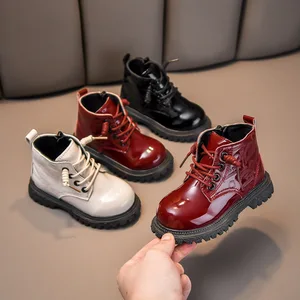 Wholesale Children's martin Boots Side Zipper Lace-up Soft Leather Little Girls and Boys Boots Kids Shoe
