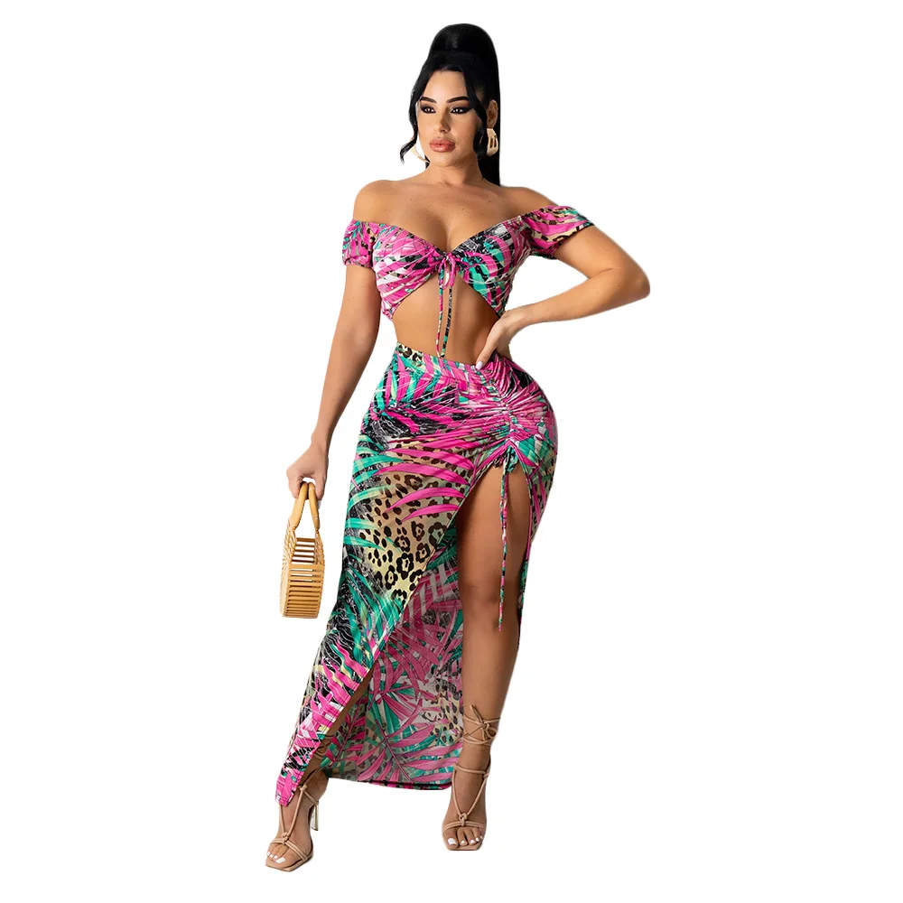 Latest Two Piece Multicolor Skirt Set Floral Crop Top and Skirt Two Piece Set Short Sleeve Maxi Skirt Elegant Casual Dresses
