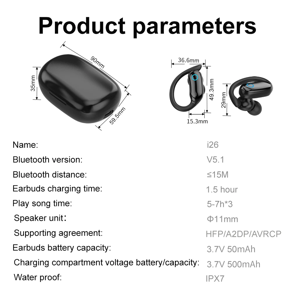 2025 I26 Wireless Earbuds with Ear Hook IPX7 Waterproof BT 5.4 Sport Headphone Music Earphone for Workout Running