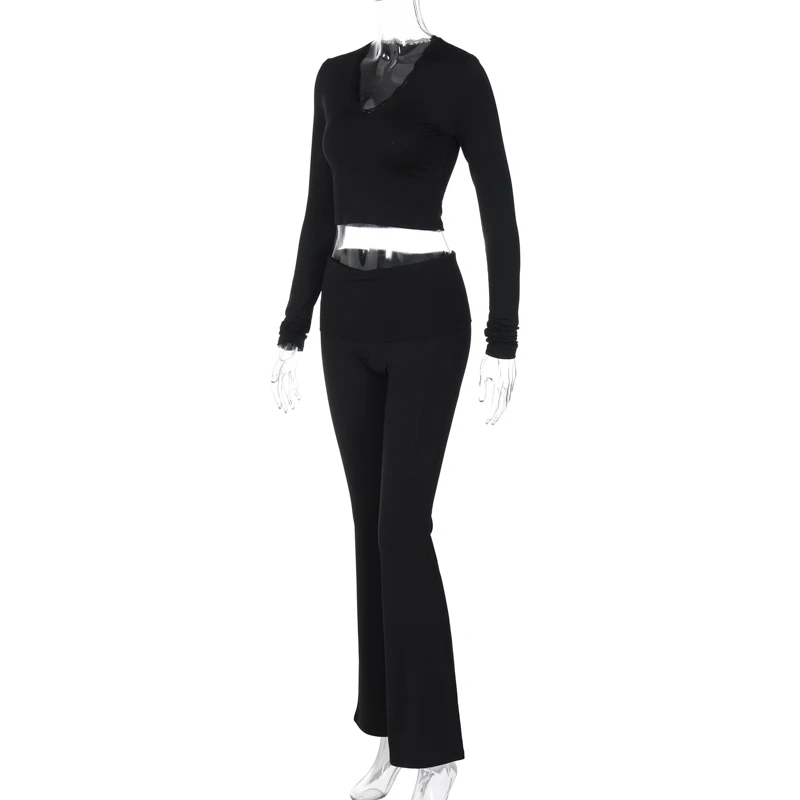 5157 Ve Neck Lace Long Sleeve High Waist Crop Top Tshirt Long Pant