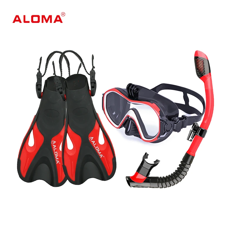 ALOMA dive gear set silicone scuba diving mask 3 piece snorkel fins set wth camera mount