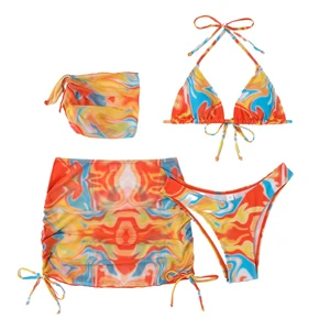 4Pcs Tie-Dyed Print Sexy Fashion Design Bikini Dress Women Swimwear Beachwear 2023 Swimsuit Bathing Suit Set