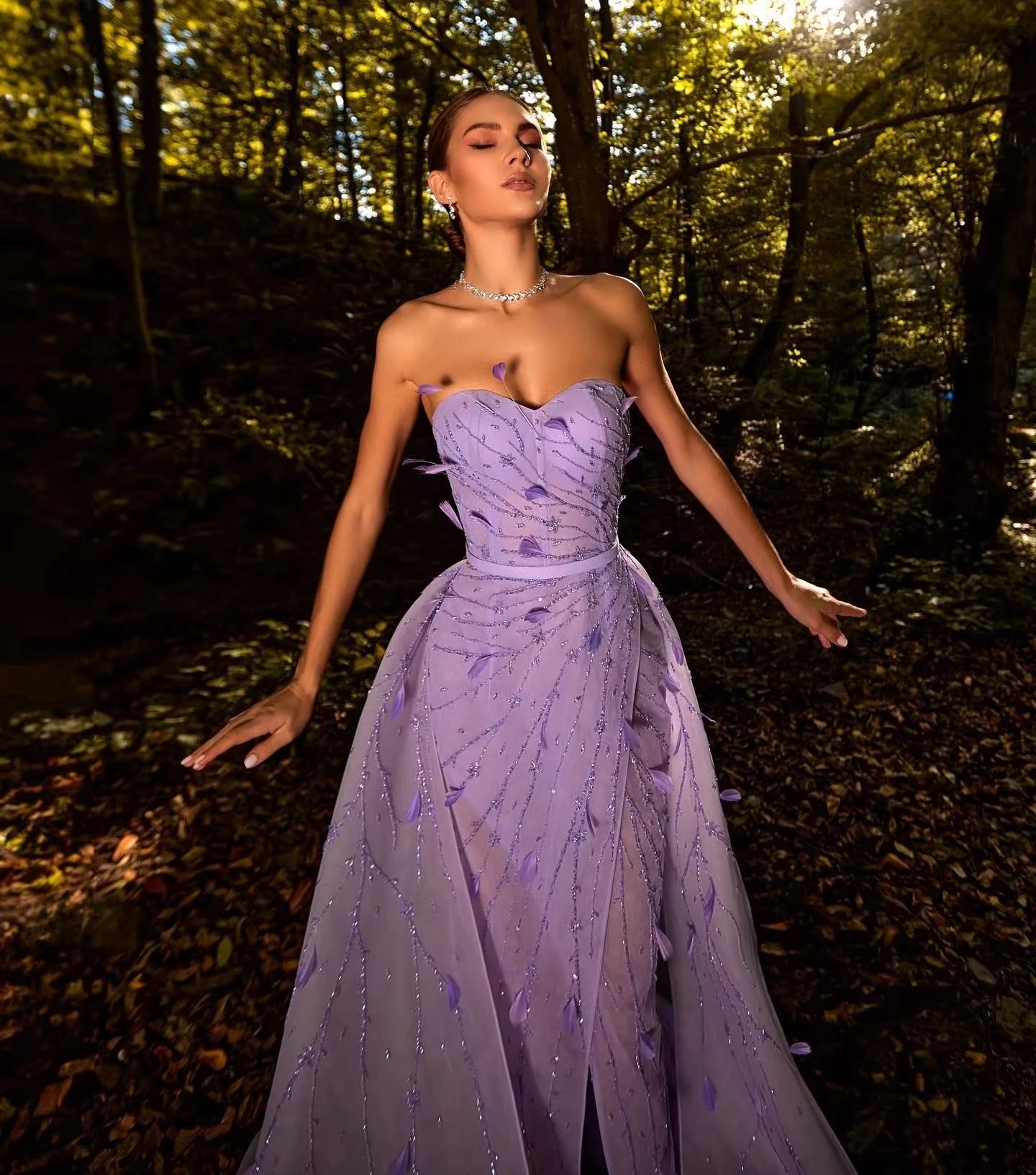 Custom Made Luxury Feathers Beaded Lilac Evening Dresses Overskirt  Sweetheart Slit Arabic Wedding Party Gowns SZ456