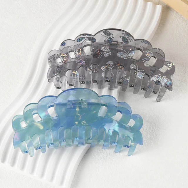 Pvc Large-sized Solid Color Girl's Hair Clips Simple Hollow Elegant Women Hair Claws High-end Butterfly Printing Hair Accessory