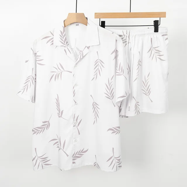 Customized Summer Leaf Printing Set High Quality Loose Trendy Shorts Shirt Men's Two Piece Set