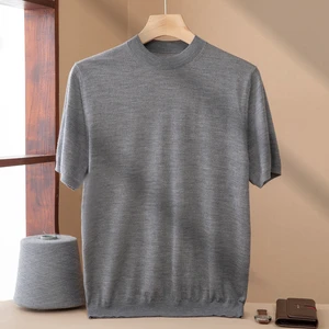 100% Wool Thin Breathable Quick Dry Anti-Pilling Solid Men's Cardigan Luxury OEM Supply Casual Short Sleeve Round Neck Summer