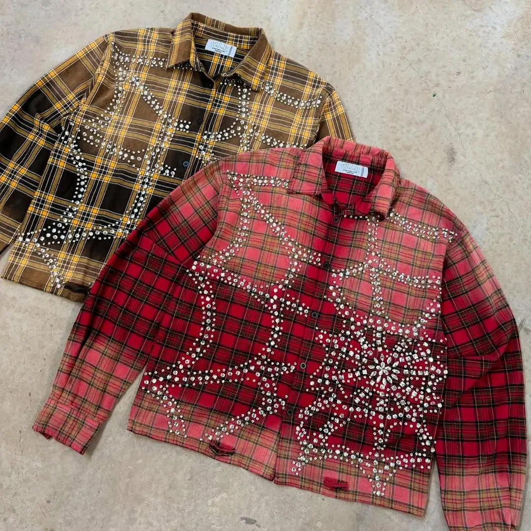 Niestandardowa koszula z 100% bawełny o długich rękawach, wysokiej jakości, ciężka, oversize, streetwear – koszula z efektem kwasowego wybielenia i kryształkami dla mężczyzn