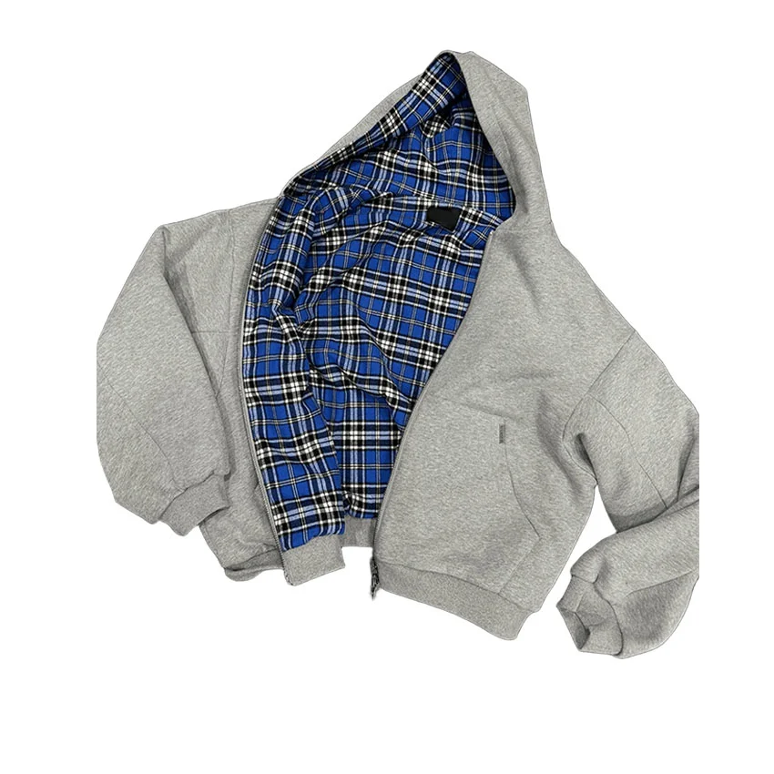 Retro Checkered Patchwork Design Hoodie Drop Shoulder Zipper Jacket Heavyweight Reversible Sweatshirt Oversized Street Hoodie gallery 3