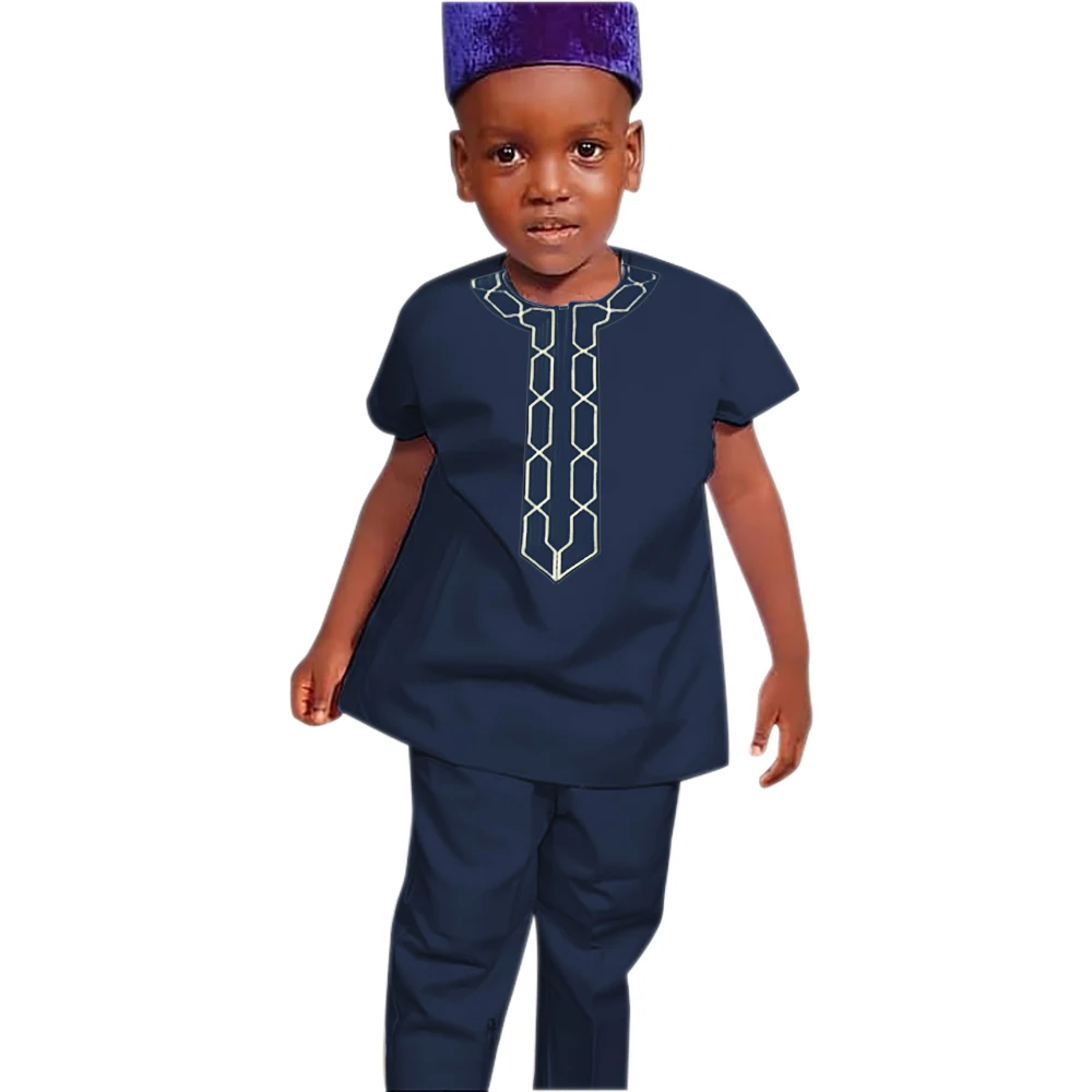 H D New Styles African Boys Short Sleeve Summer Clothes Two Pieces Set African Kids Cotton Clothing Set