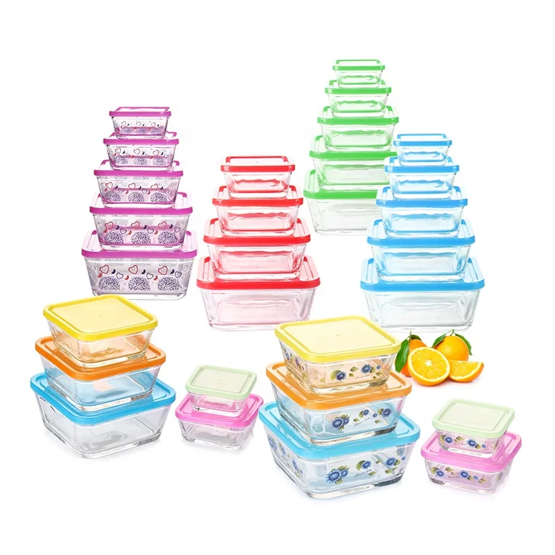 5pcs Food Fruit Home Kitchen Outdoors Lunch  Decaled Printing Plastic Lid Glass square Container Storage Box Glass Bowl Set