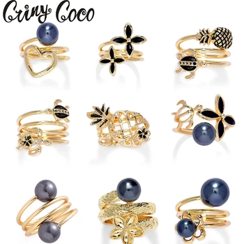 Cring CoCo Colorful Fashion Crystal Gold Plated Tortoise Pearl Adjustable Drum Enamel Large Jewelry Flower Hawaiian Rings