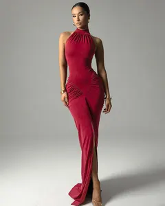 Halter Ruched Back Zipper Sexy Maxi Dress Women Gown Fashion Sleeveless Slim Evening Club Party Split Long Dress