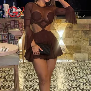 GX25394 Fashion Sexy Nigh Club Dresses Women Clothing Boutique Long Sleeve Party O-neck Mesh See Through Cut-Out Mini Dress