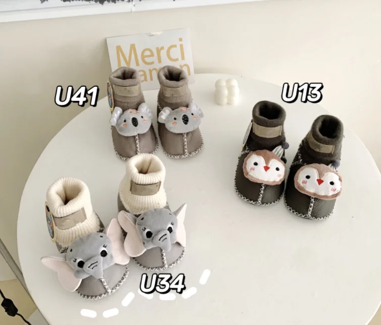 Cartoon baby toddler shoes new autumn and winter sheepskin wool one warm soft frosted bottom